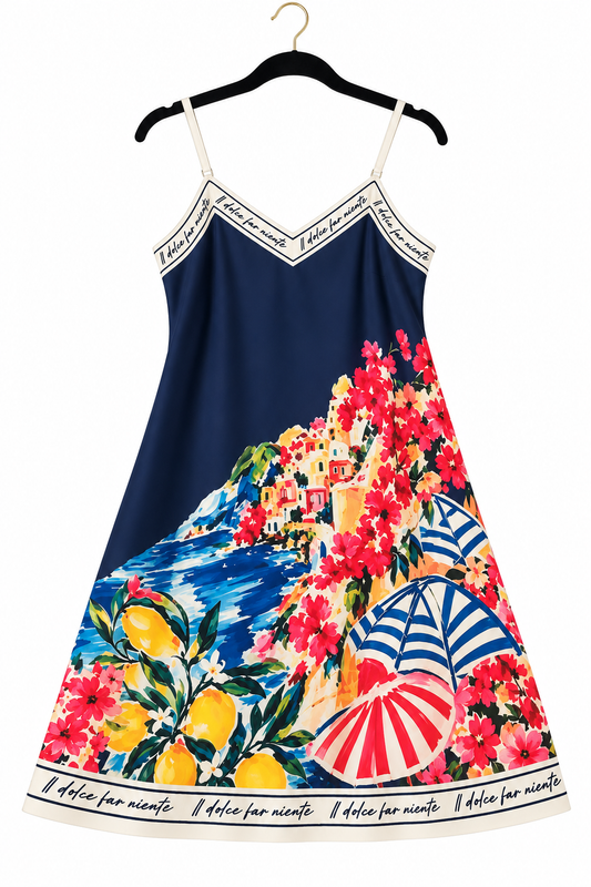 Positano Bloom Italian Silk Mid-Length Dress-Navy Blue