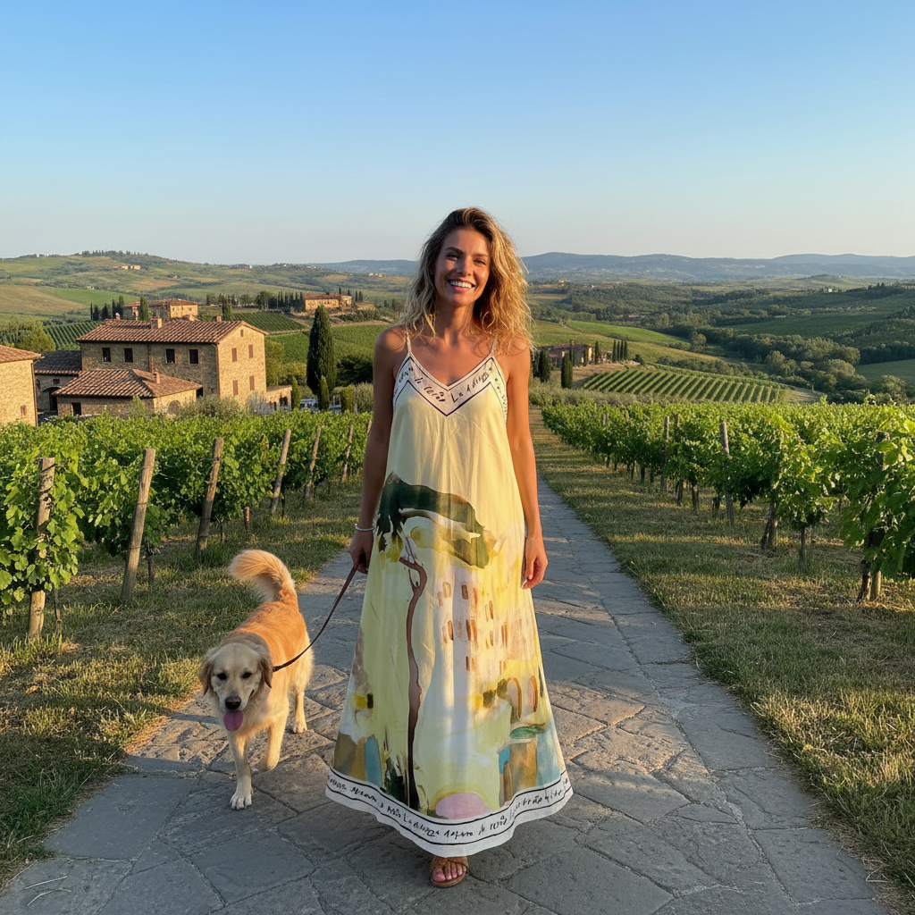 S/M Italian Watercolour Print Silk Maxi Dress - Butter Yellow