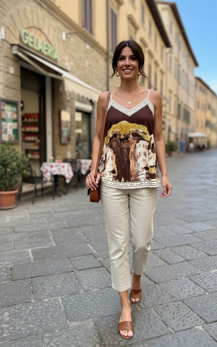 Italian Watercolour Print Silk Babydoll Tank - Brown