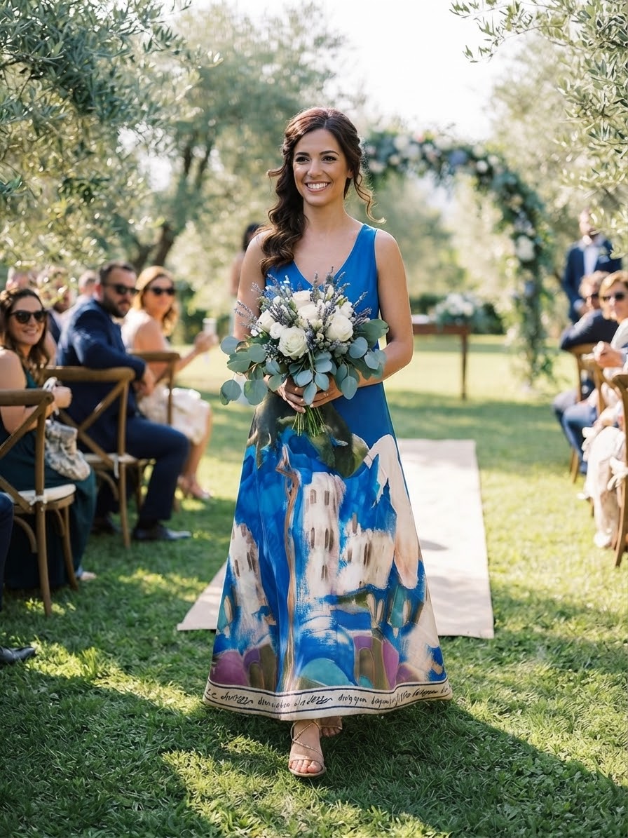 Italian Silk WIDE STRAP Maxi Dress - ELECTRIC BLUE - Watercolor Print