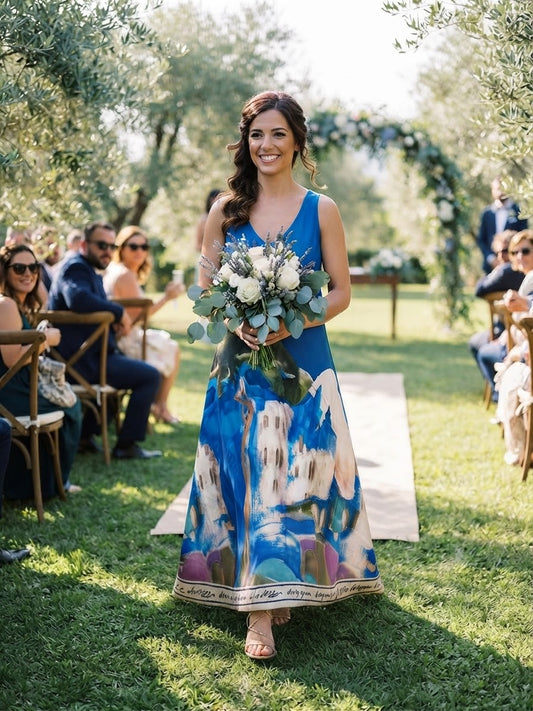 Italian Silk WIDE STRAP Maxi Dress - ELECTRIC BLUE - Watercolor Print
