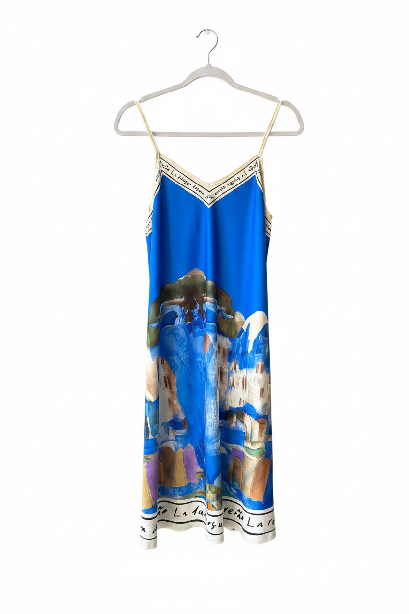 Mid Length Italian Silk Viscose ELECTRIC BLUE Watercolour Dress- O/S, Made in Italy