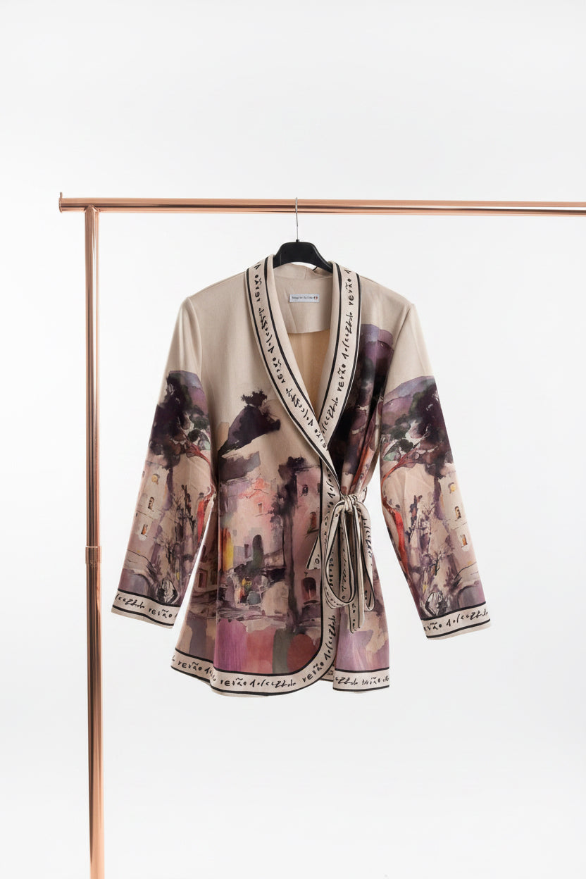Artistic Italian Landscape Brushed Suede Jacket | Left-Tie Wrap Cardigan | Fall Outerwear
  - Cream