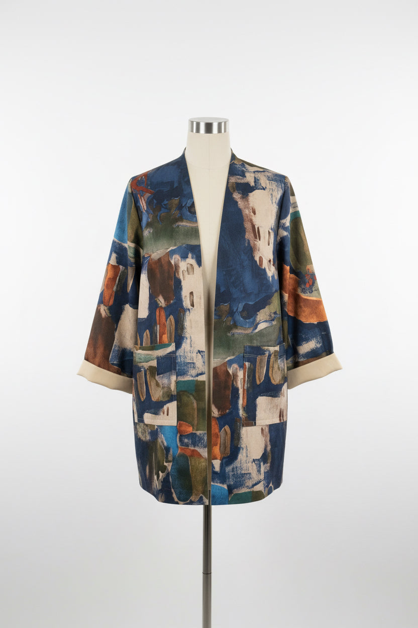 Watercolour Suede-Feel Mid Length Jacket-Blue