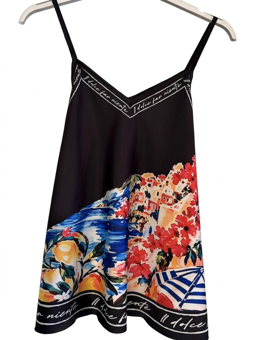 Positano Bloom - Italian Silk Short Tank Top - BLACK