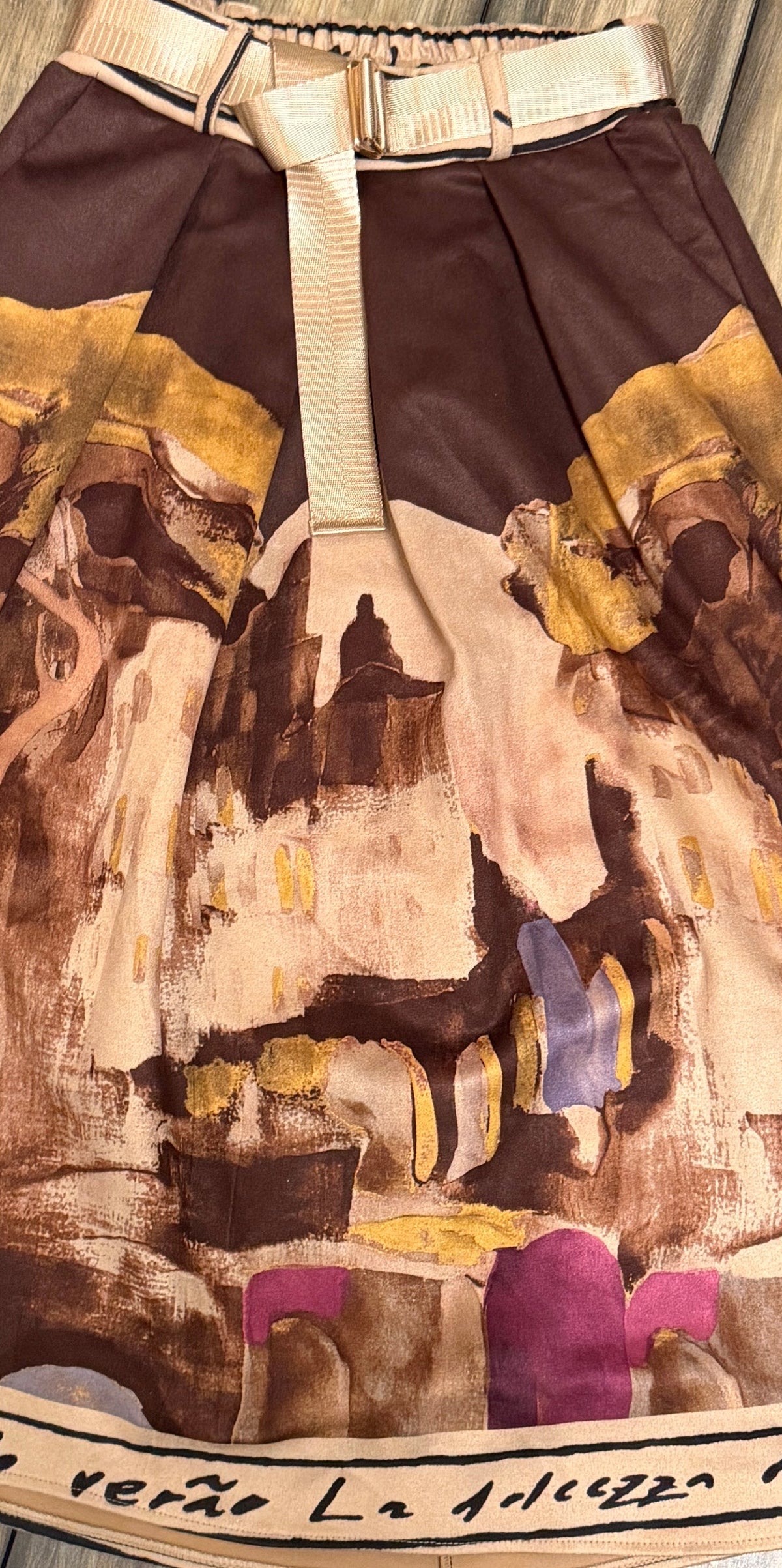 Italian Midi Skirt with Belt & Pockets - DARK BROWN - Watercolor  Print