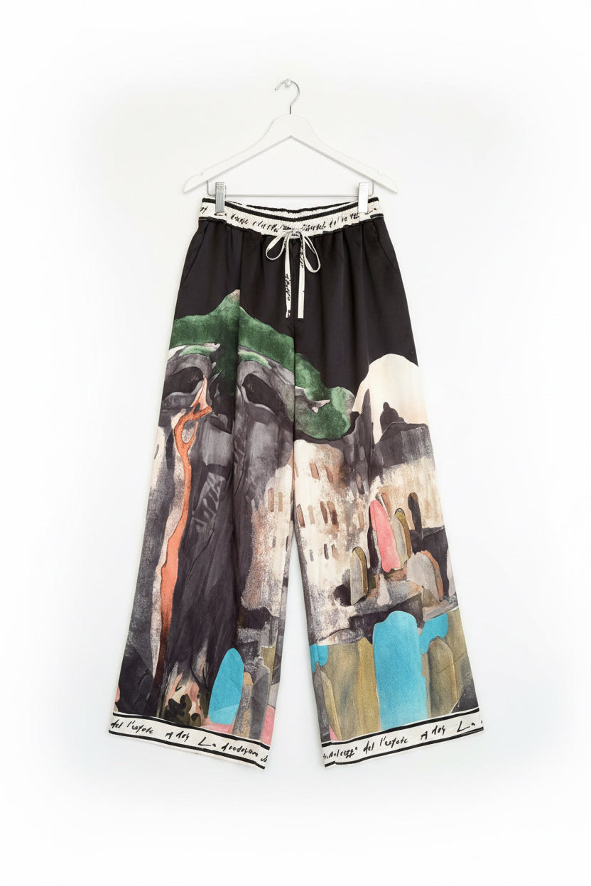 O/S - Italian Watercolour Women’s Pant & Spaghetti Strap Tank Top Set- BLACK - Viscose/ Polyester blend, Made in Italy