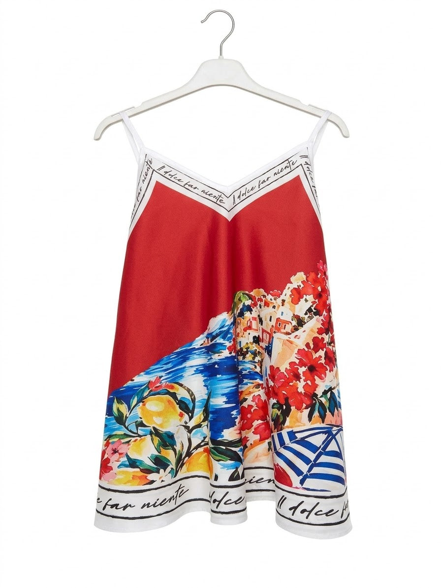 Positano Bloom - Italian Silk Short Tank Top - RED