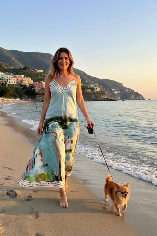 L/XL Italian Watercolour Silk Maxi Dress - Ocean Blue