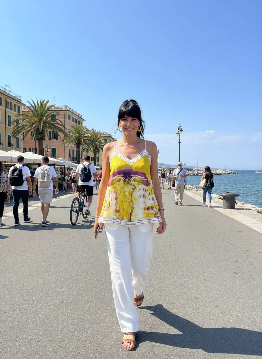 Italian Watercolour Print Silk Babydoll Tank - Yellow