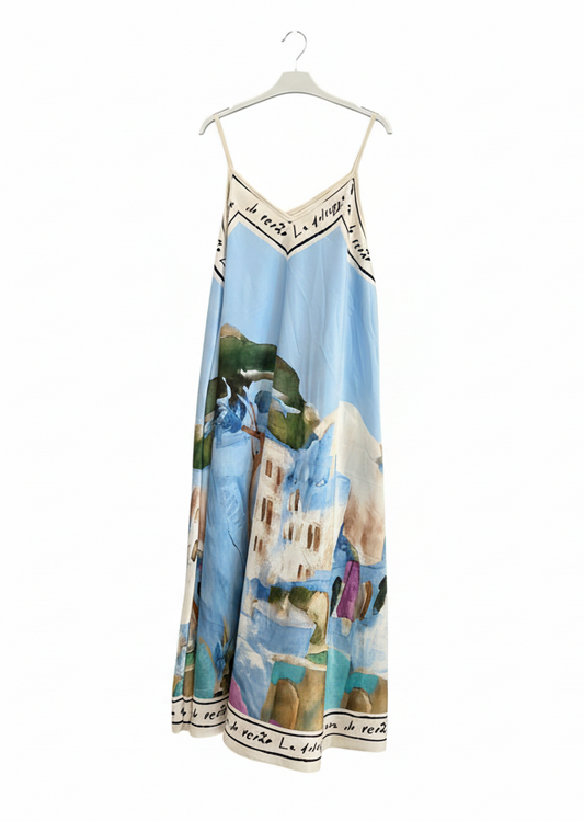 O/S-Italian Silk/Viscose Women’s Spaghetti Strap Maxi Dress - BABY BLUE – Watercolour print, Made in Italy