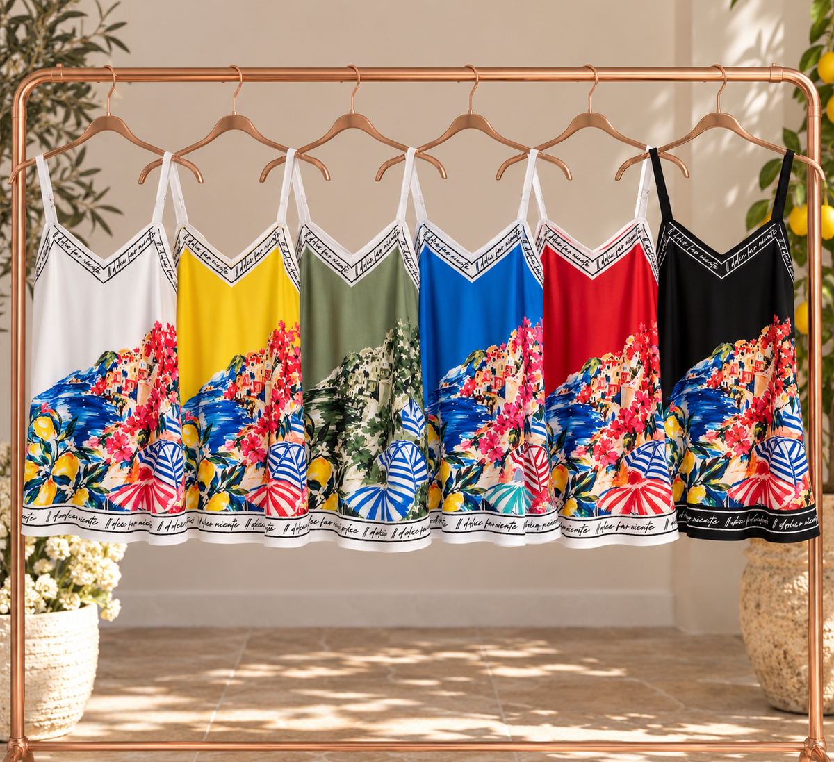 Positano Bloom - Italian Silk Long Tank Top - NAVY BLUE