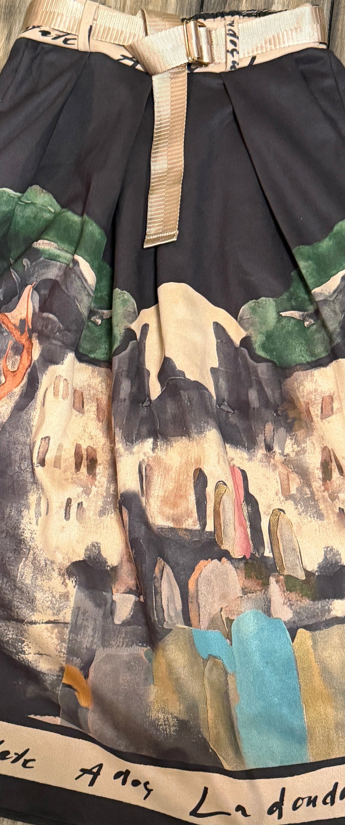 Italian Midi Skirt with Belt & Pockets - BLACK - Watercolor Print