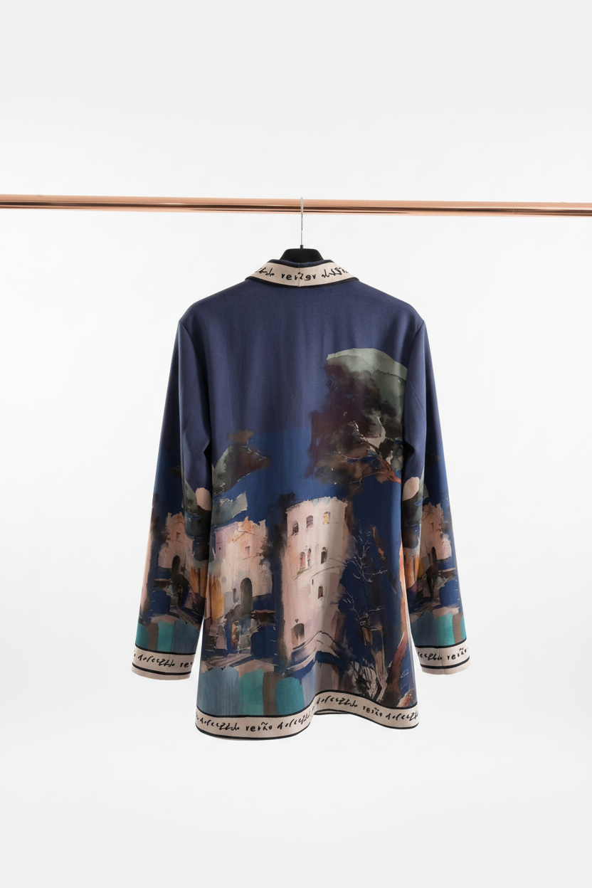 Artistic Italian Landscape Brushed Suede Jacket | Left-Tie Wrap Cardigan | Fall Outerwear -NAVY