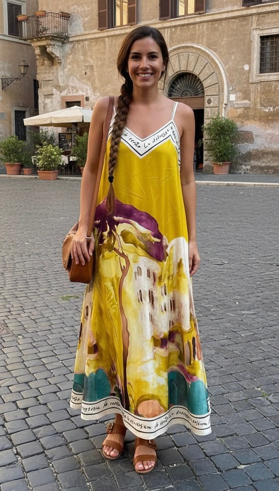L/XL Italian Watercolour Silk Maxi Dress - Lemoncello