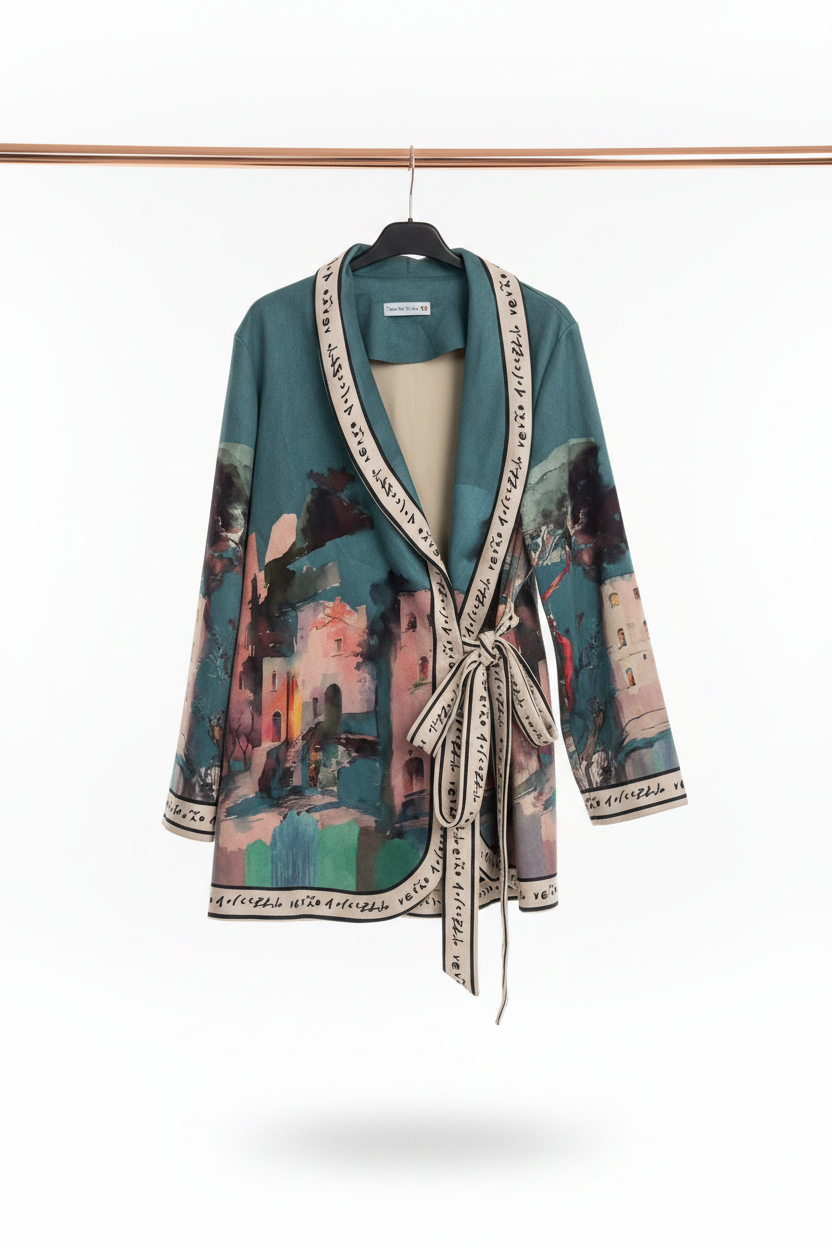 Artistic Italian Landscape Brushed Suede Jacket | Left-Tie Wrap Cardigan | Fall Outerwear - Teal