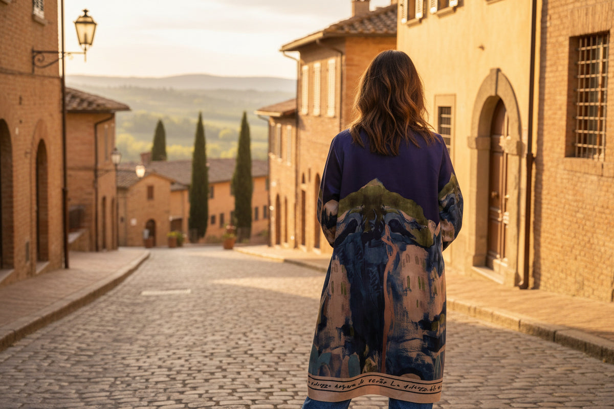 Italian Landscape Watercolor Print Relaxed Fit Cardigan - NAVY