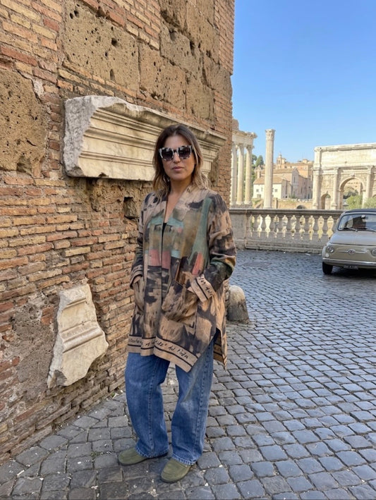 Italian Relaxed Fit Cardigan - BLACK - Watercolor Abstract Print