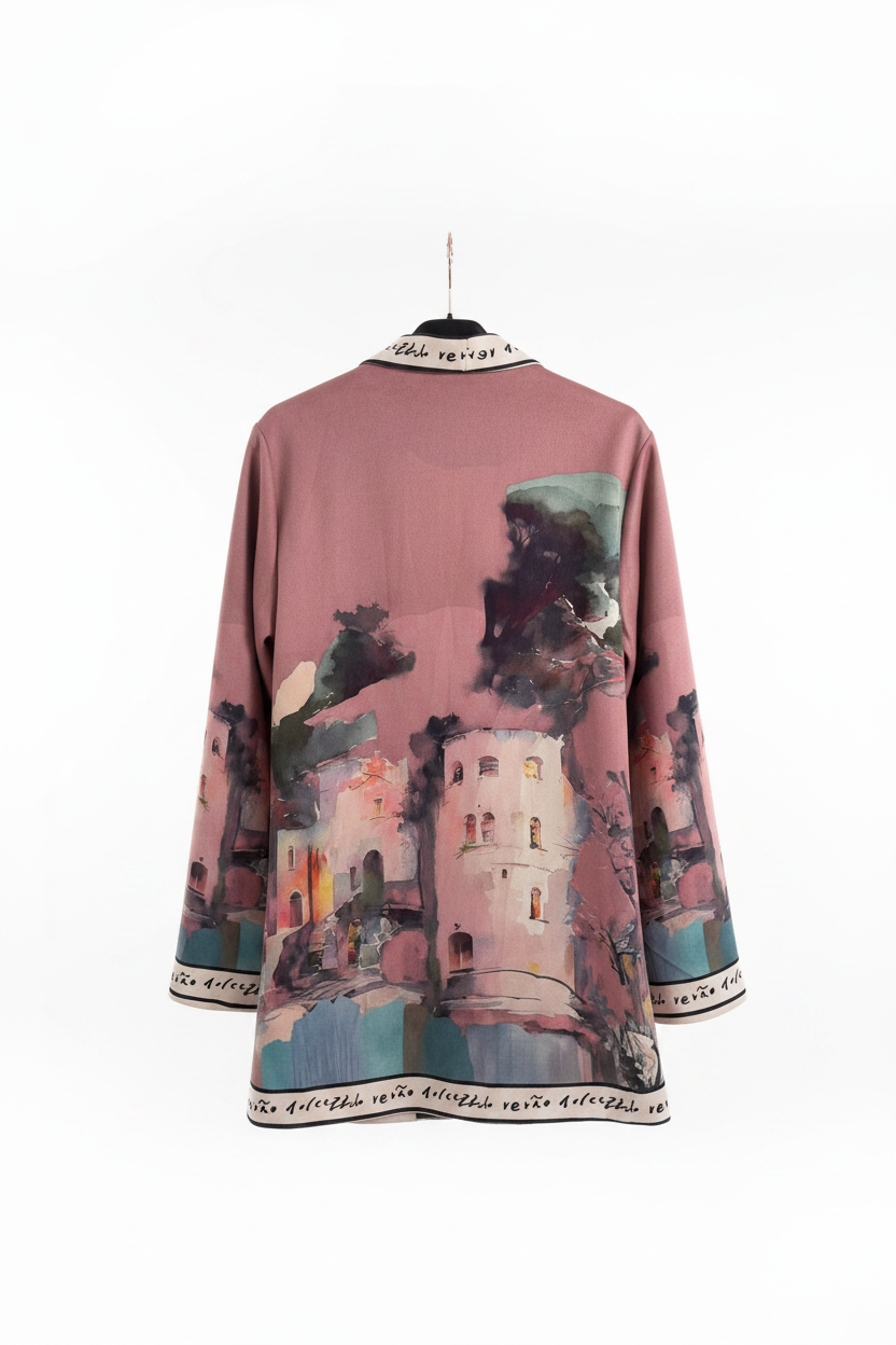 Artistic Italian Landscape Brushed Suede Jacket | Left-Tie Wrap Cardigan | Fall Outerwear - Rose Pink