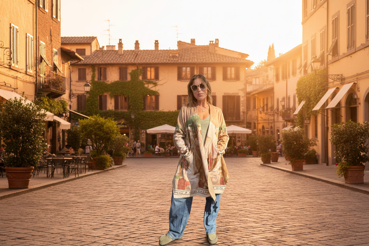 Italian Landscape Watercolor Print Relaxed Fit Cardigan - GOLDEN BEIGE