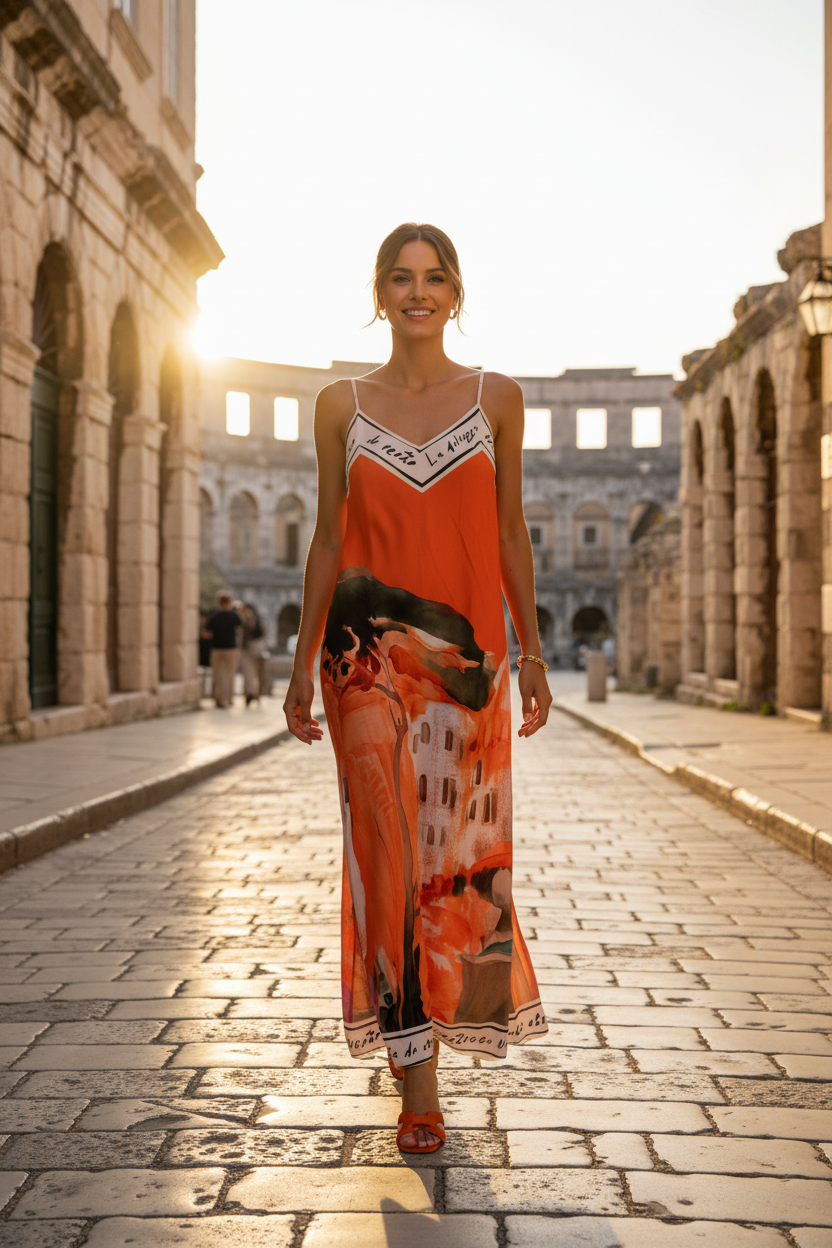 Italian Silk Maxi Dress -SAFFRON (ORANGE) Watercolour print, Made in Italy, Viscose/Silk blend O/S