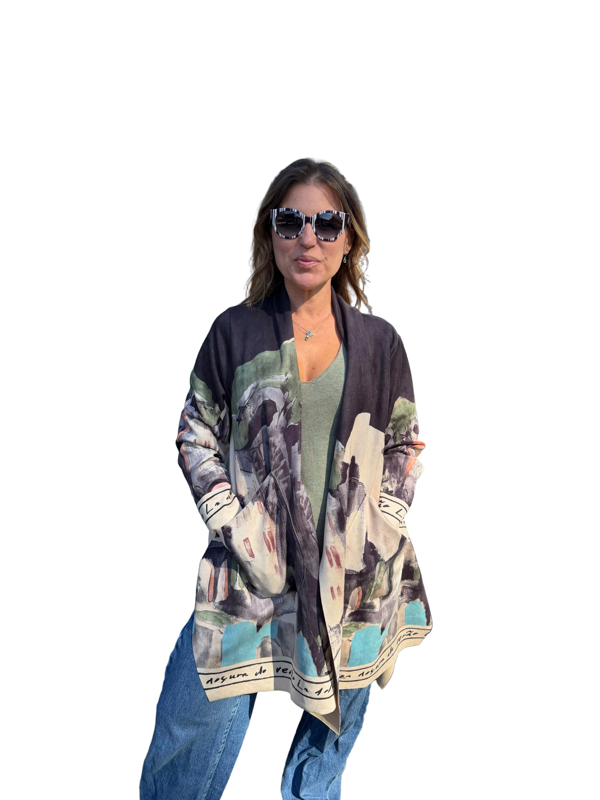 Italian Landscape Watercolor Print Relaxed Fit Cardigan - BLACK
