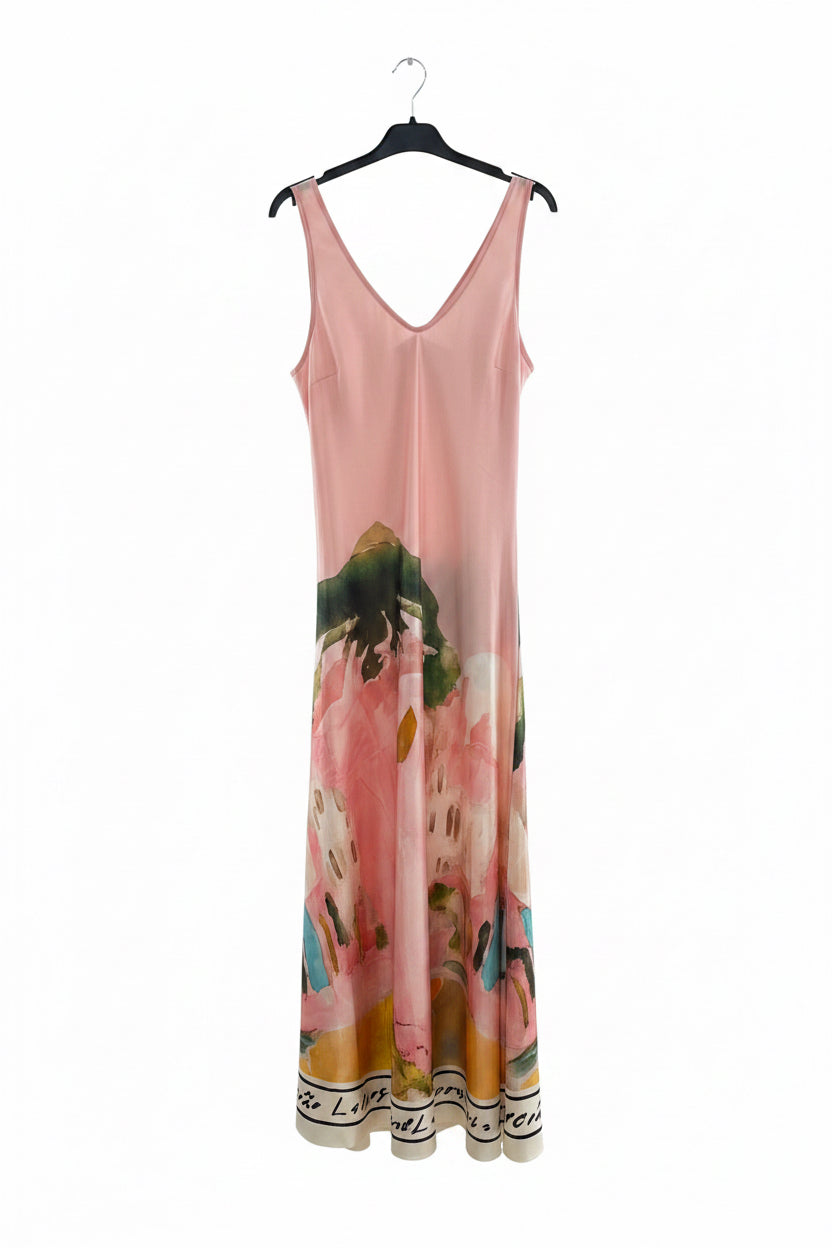 O/S Italian Silk WIDE STRAP V-Maxi Dress -ROSE PINK-Watercolour print, Made in Italy, Viscose/Silk blend