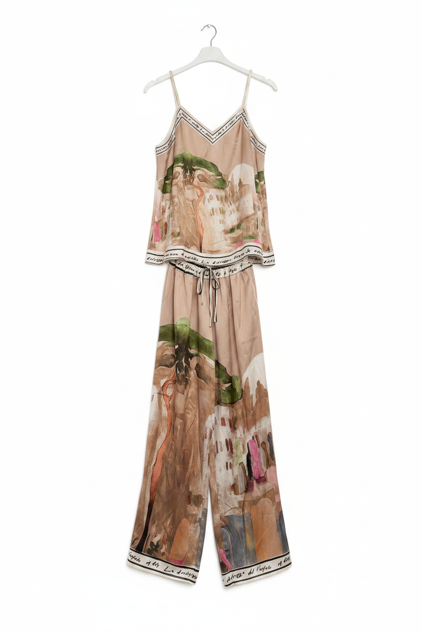 O/S - Italian Watercolour Women’s Pant & Spaghetti Strap Tank Top Set- GOLDEN BEIGE - Viscose/ Polyester blend, Made in Italy