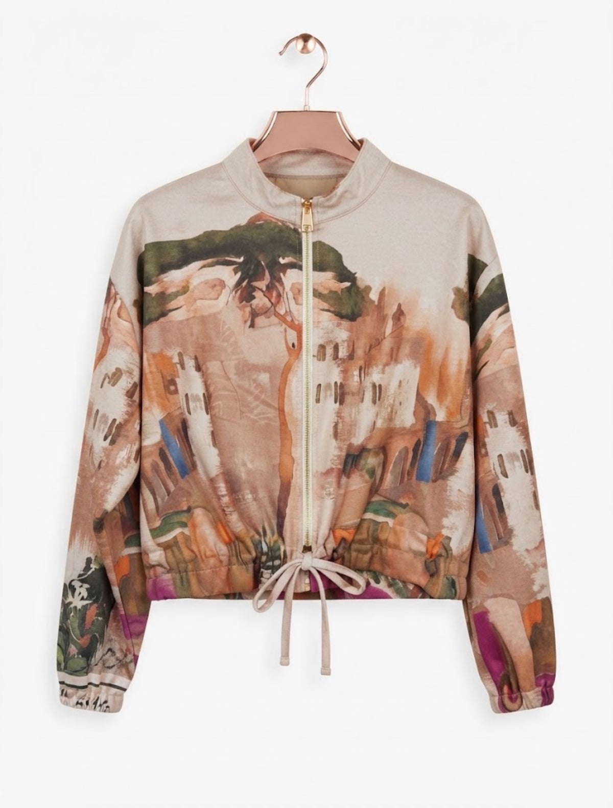 Italian Brushed Suede Feel Bomber Jacket - CREAM - Watercolor Print