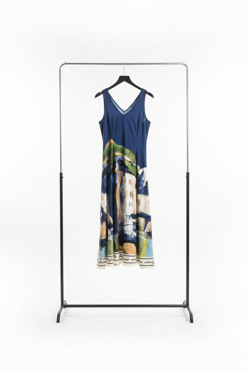 Italian Silk WIDE STRAP V-Maxi Dress - NAVY – Watercolour print, Made in Italy, Viscose/Silk blend O/S “Il Dolce Far Niente”