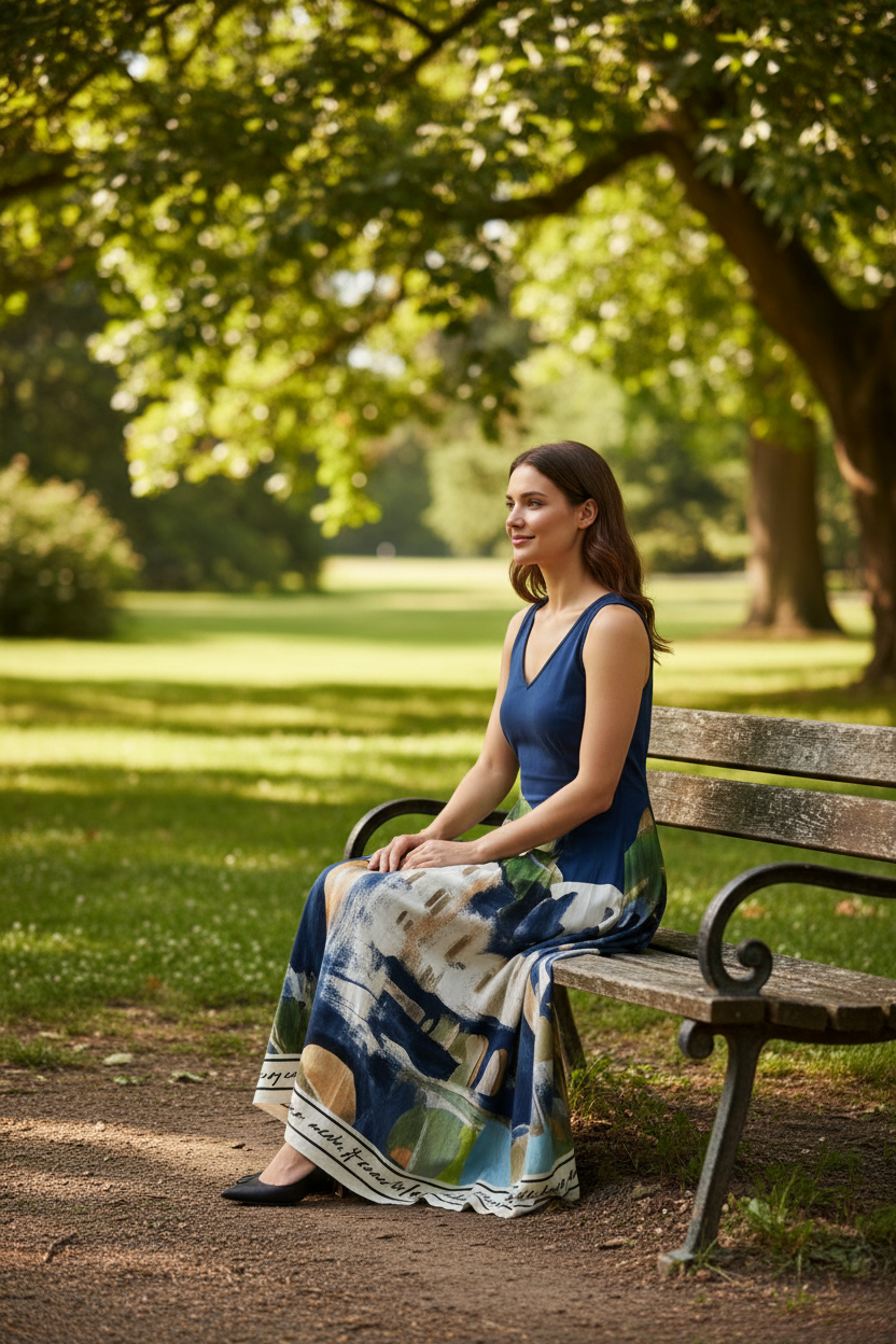 Italian Silk WIDE STRAP V-Maxi Dress - NAVY – Watercolour print, Made in Italy, Viscose/Silk blend O/S “Il Dolce Far Niente”