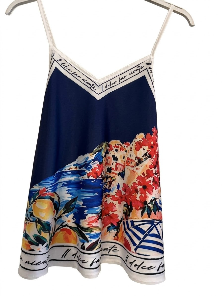 Positano Bloom - Italian Silk Short Tank Top - NAVY BLUE