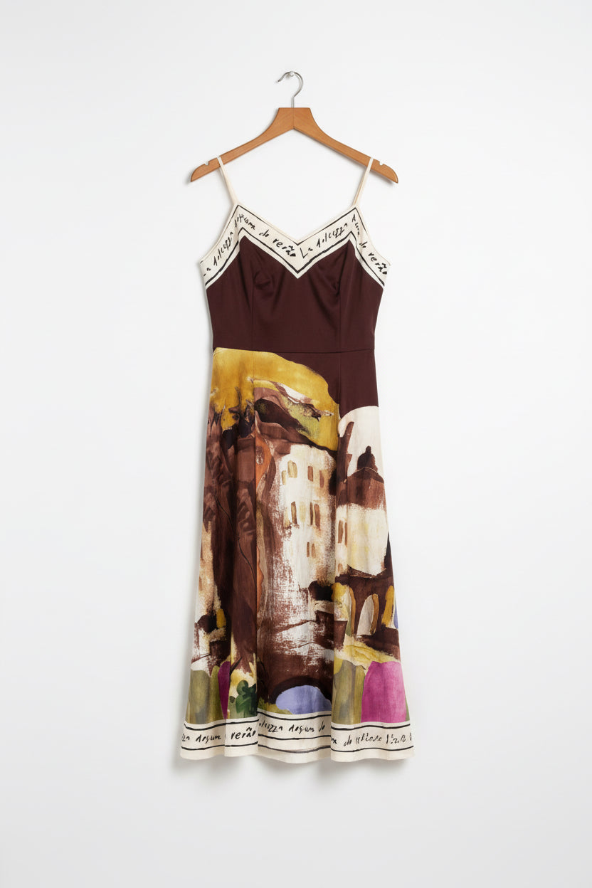 L/XL Italian Watercolour Print Silk Maxi Dress - Chocolate