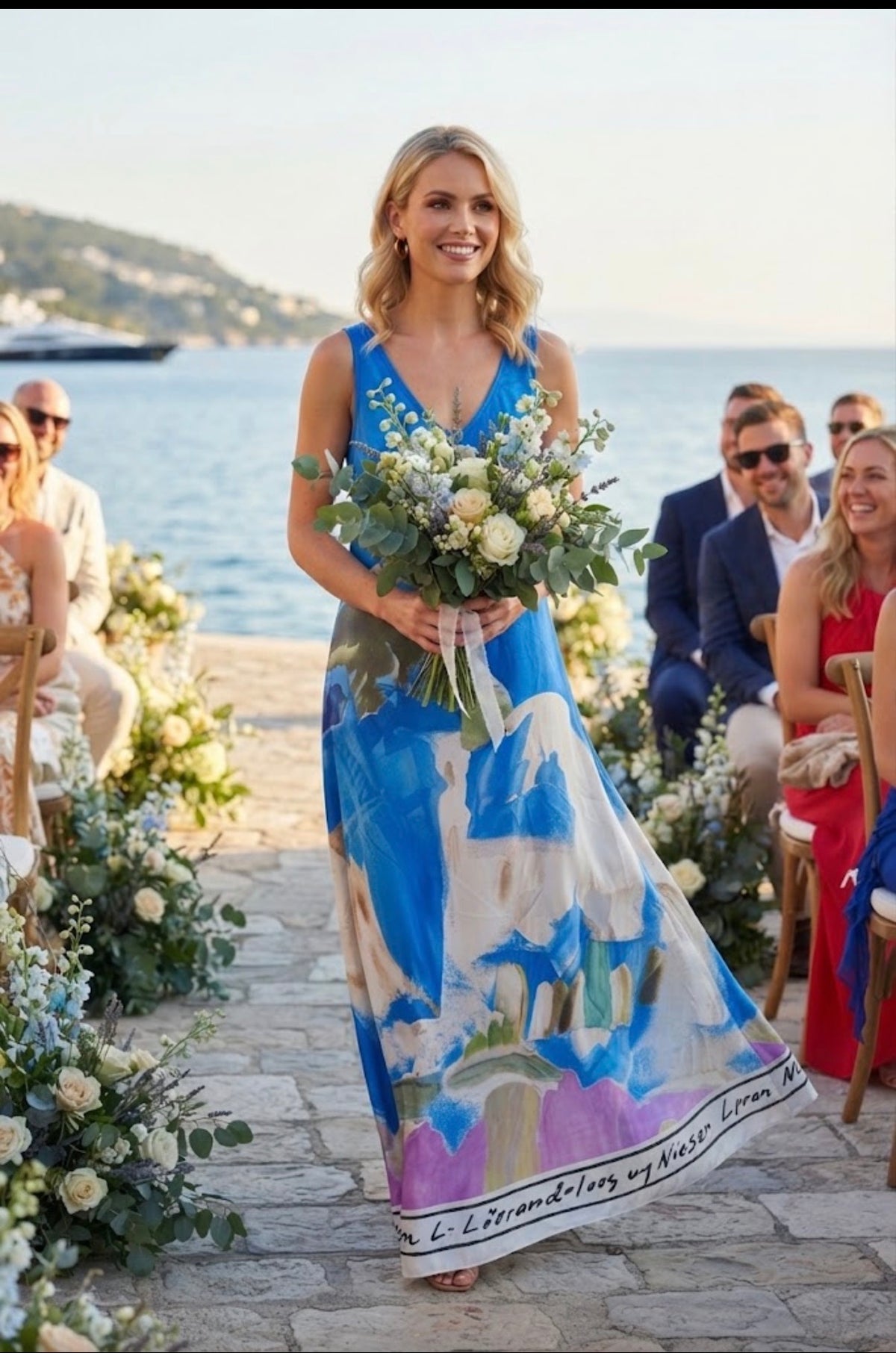 Italian Silk WIDE STRAP Maxi Dress - ELECTRIC BLUE - Watercolor Print