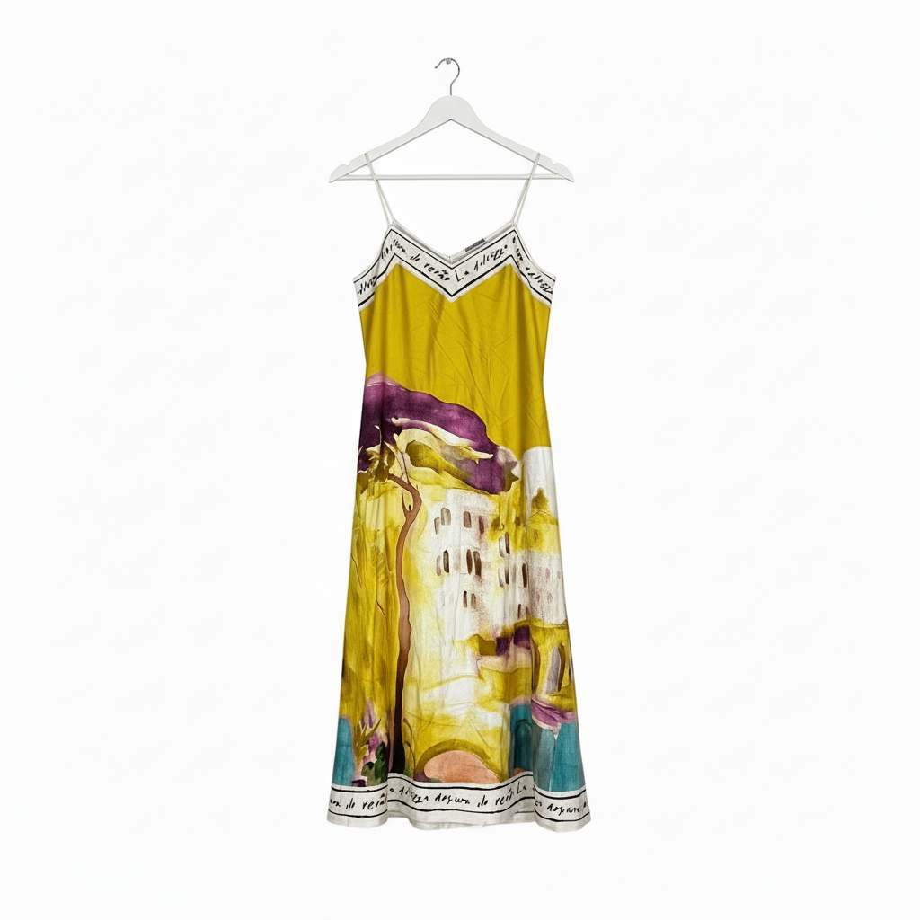 L/XL Italian Watercolour Silk Maxi Dress - Lemoncello