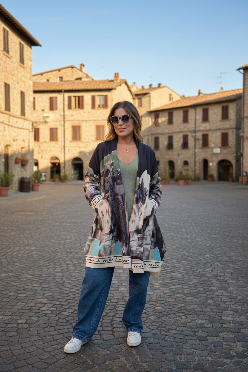 Italian Landscape Watercolor Print Relaxed Fit Cardigan - BLACK