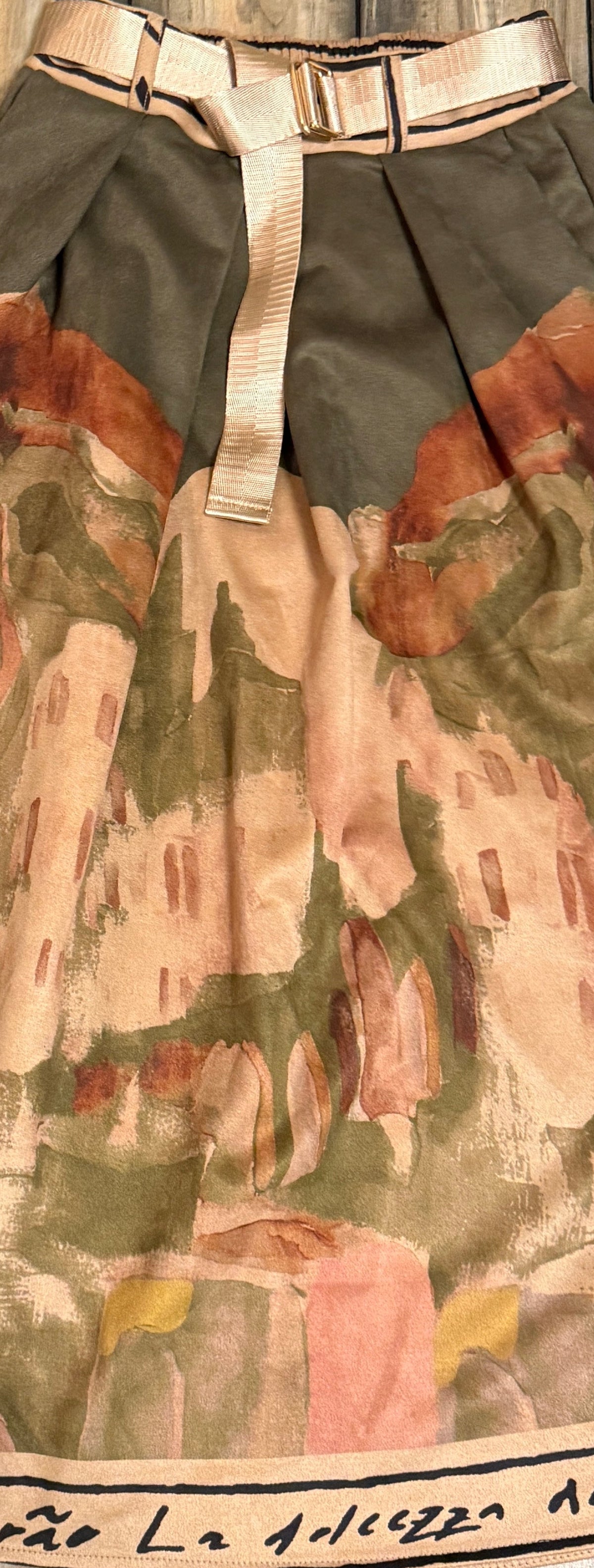 Italian Midi Skirt with Belt & Pockets - DARK OLIVE - Watercolor Print