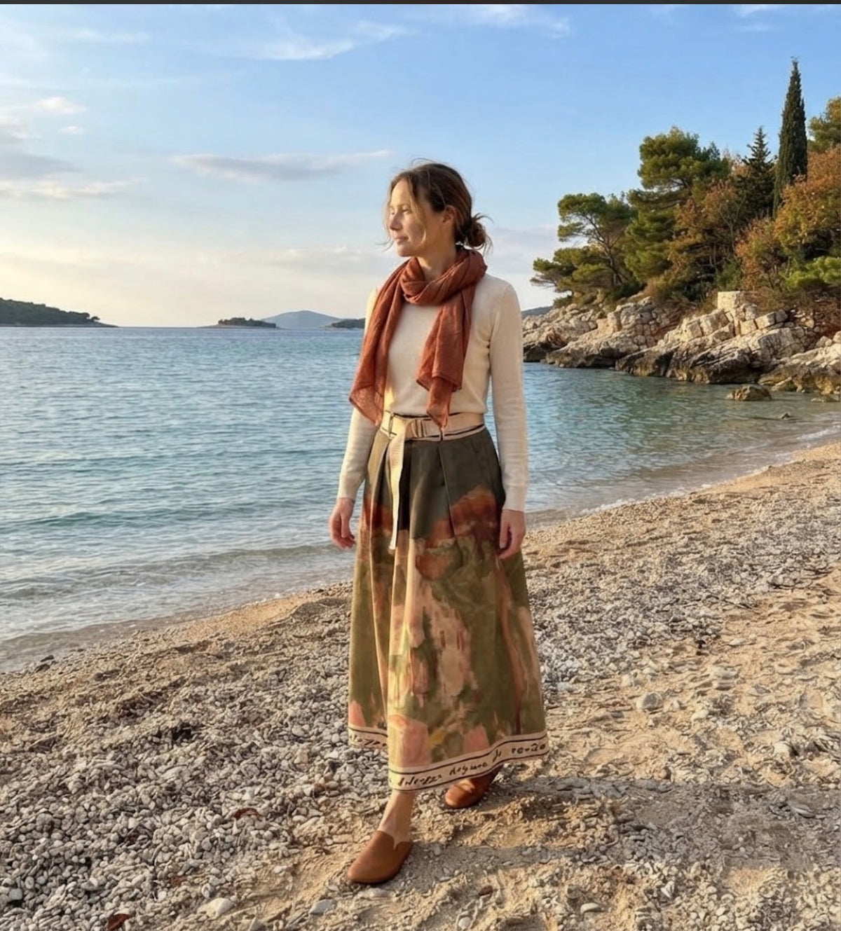 Italian Midi Skirt with Belt & Pockets - DARK OLIVE - Watercolor Print