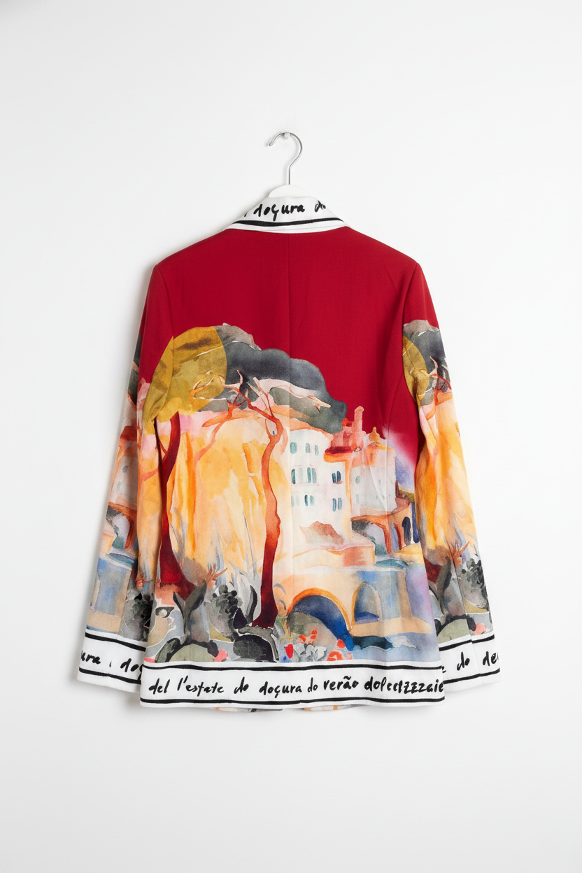 Italian Oversized Watercolour Print Lined Blazer - Red