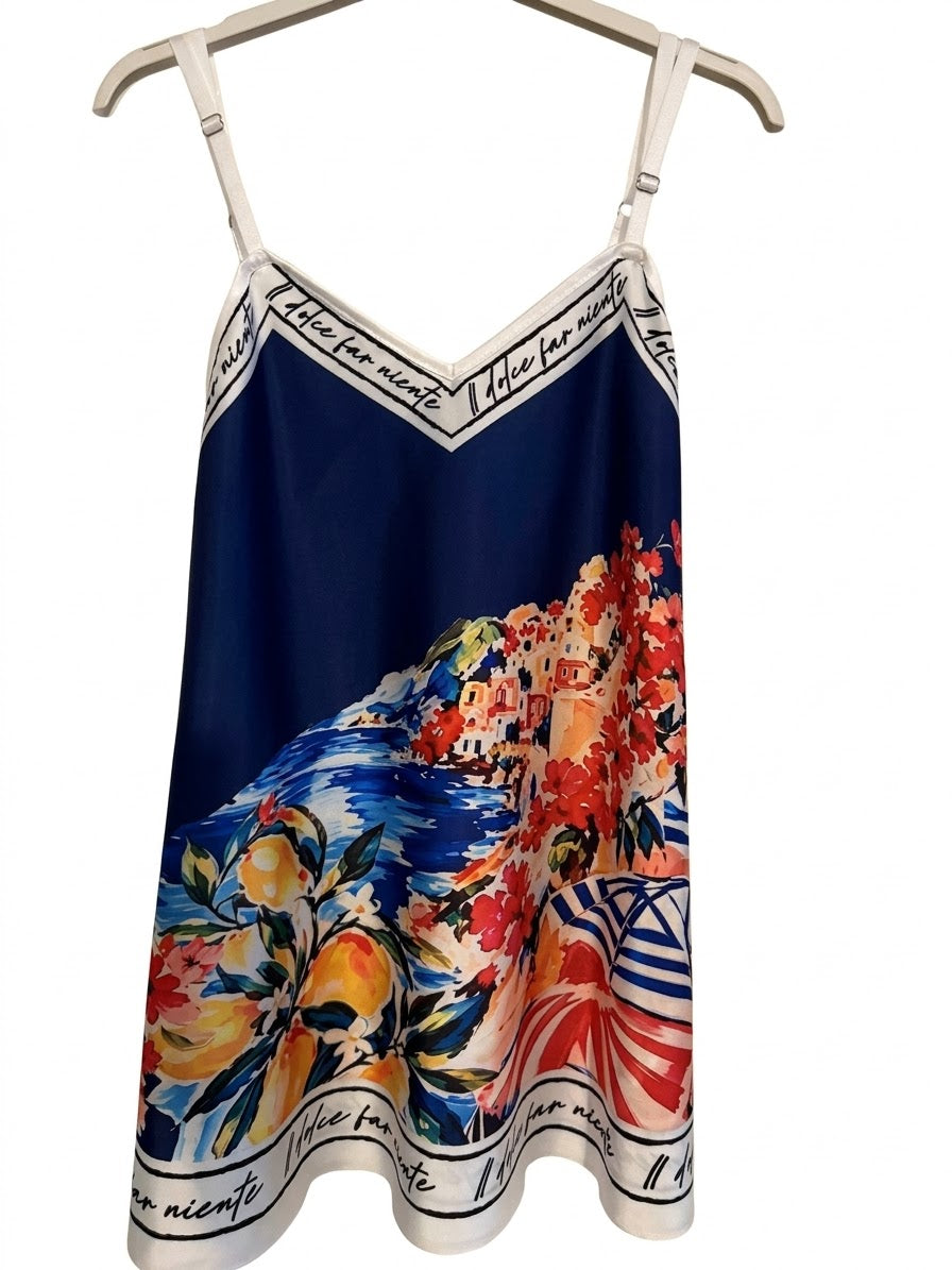 Positano Bloom - Italian Silk Long Tank Top - NAVY BLUE