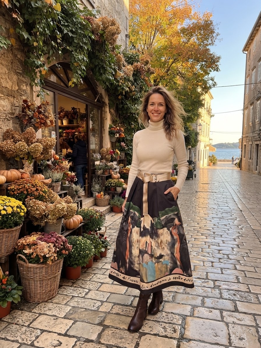 Italian Midi Skirt with Belt & Pockets - BLACK - Watercolor Print