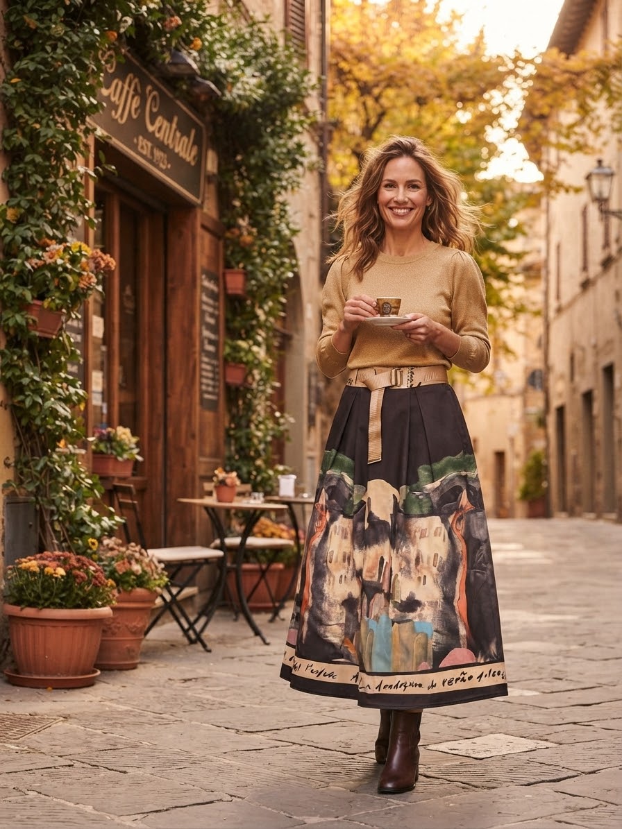 Italian Midi Skirt with Belt & Pockets - BLACK - Watercolor Print