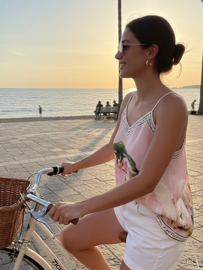 Italian Watercolour Print Silk Babydoll Tank - Pink