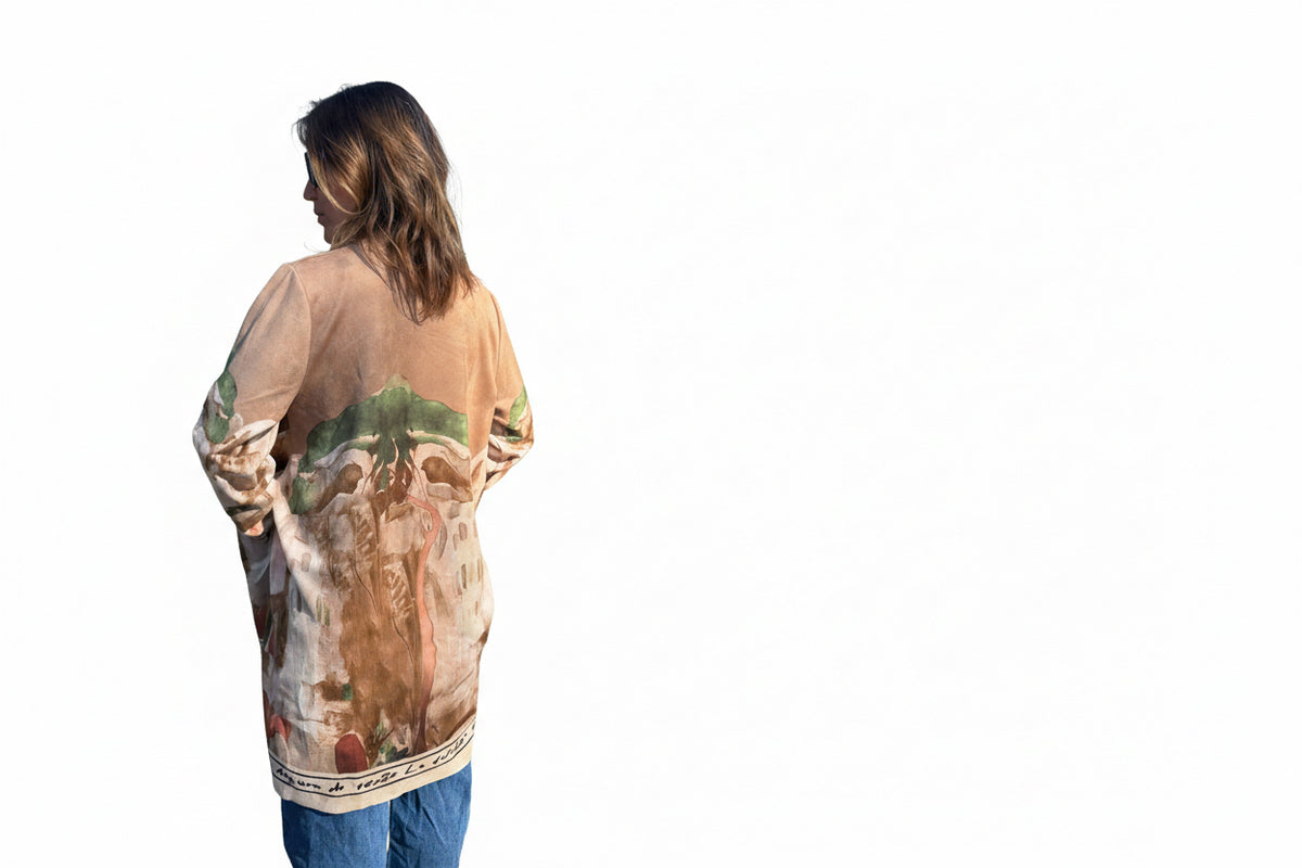Italian Landscape Watercolor Print Relaxed Fit Cardigan - GOLDEN BEIGE