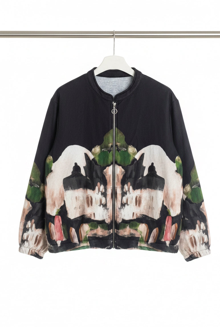 Soft Italian Watercolor Zip-Up Jacket-BLACK- Viscose  Blend, Made in Italy Outerwear, O/S