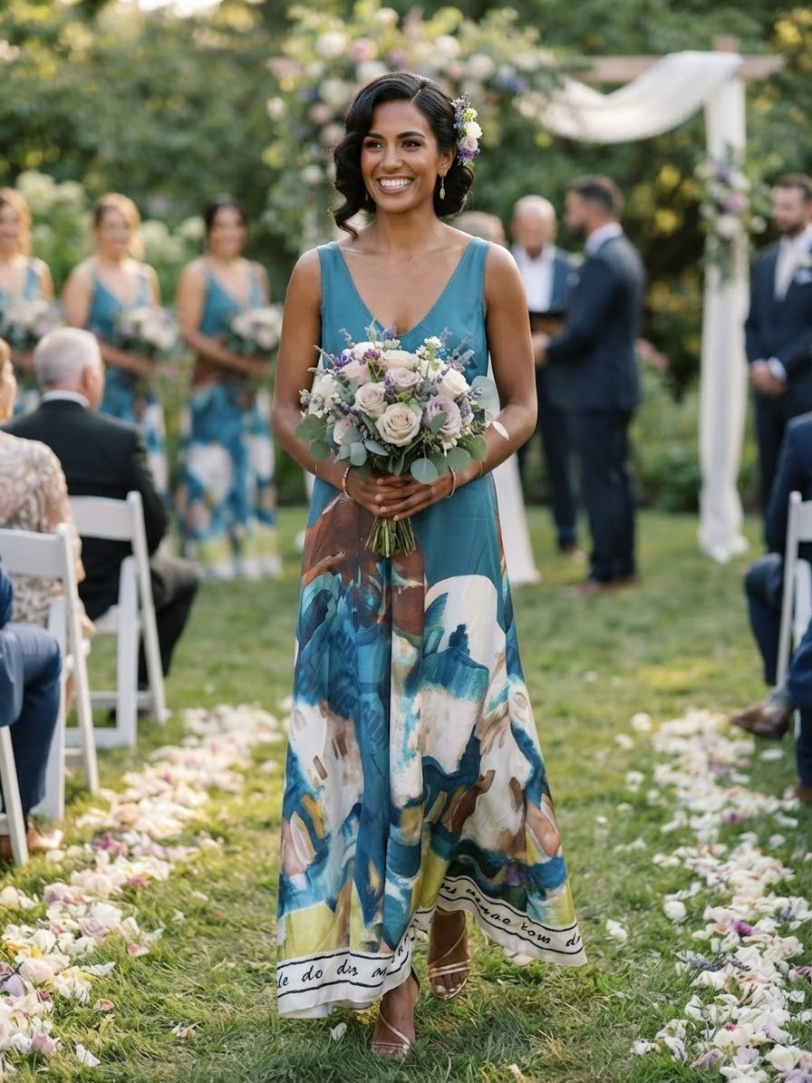 Italian Silk WIDE Strap Maxi Dress - TEAL - Watercolor print