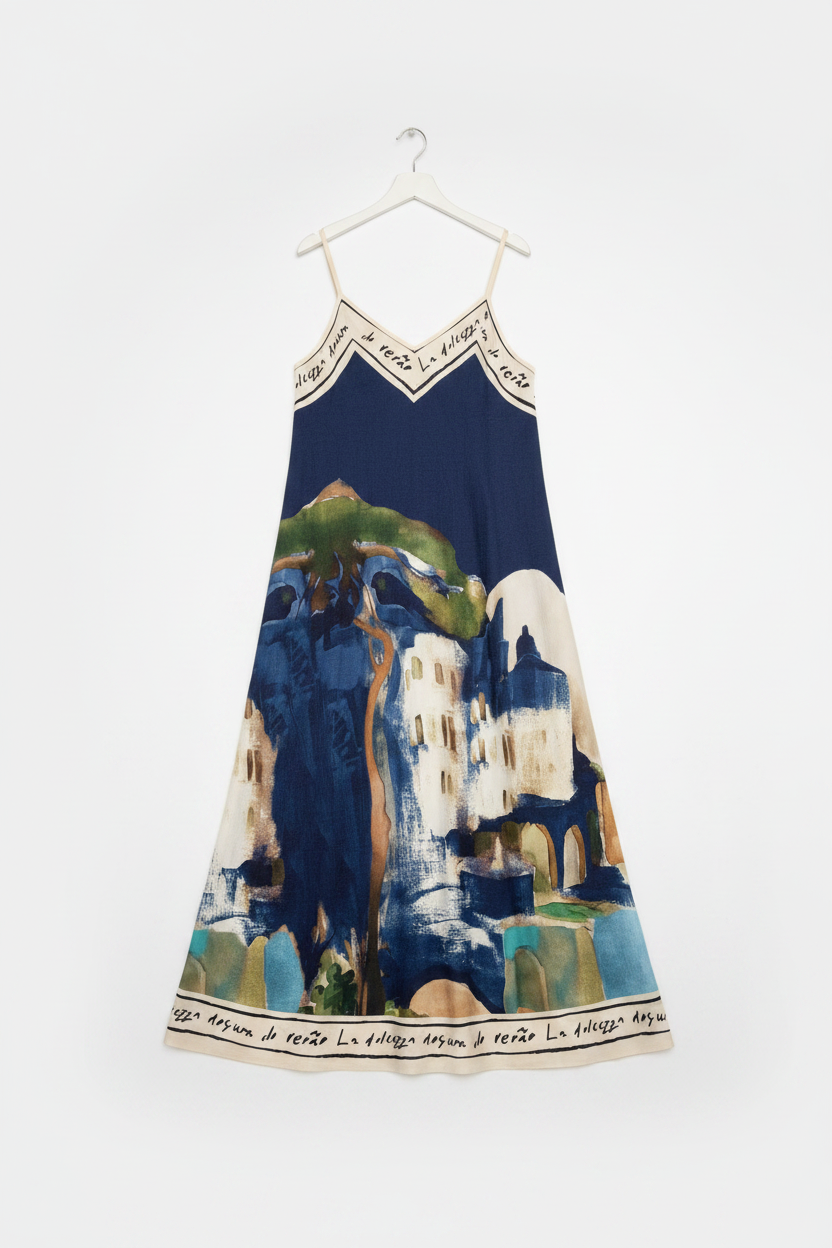 Watercolor Textured Maxi Dress- NAVY-Italian Viscose, Made in Italy O/S