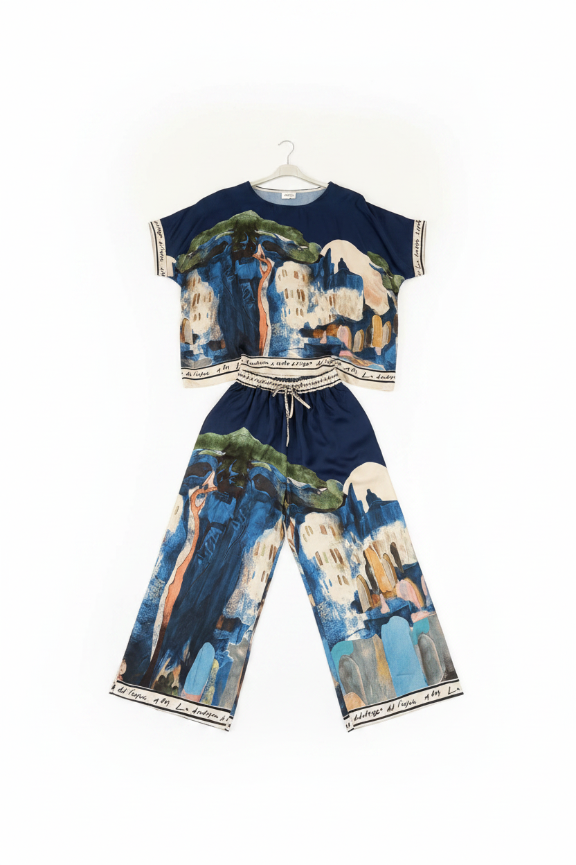 O/S - Italian Watercolour Women’s Pant & Oversized Relaxed Top Set- NAVY - Viscose/ Polyester blend, Made in Italy