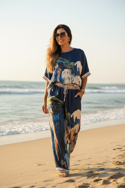 O/S - Italian Watercolour Women’s Pant & Oversized Relaxed Top Set- NAVY - Viscose/ Polyester blend, Made in Italy