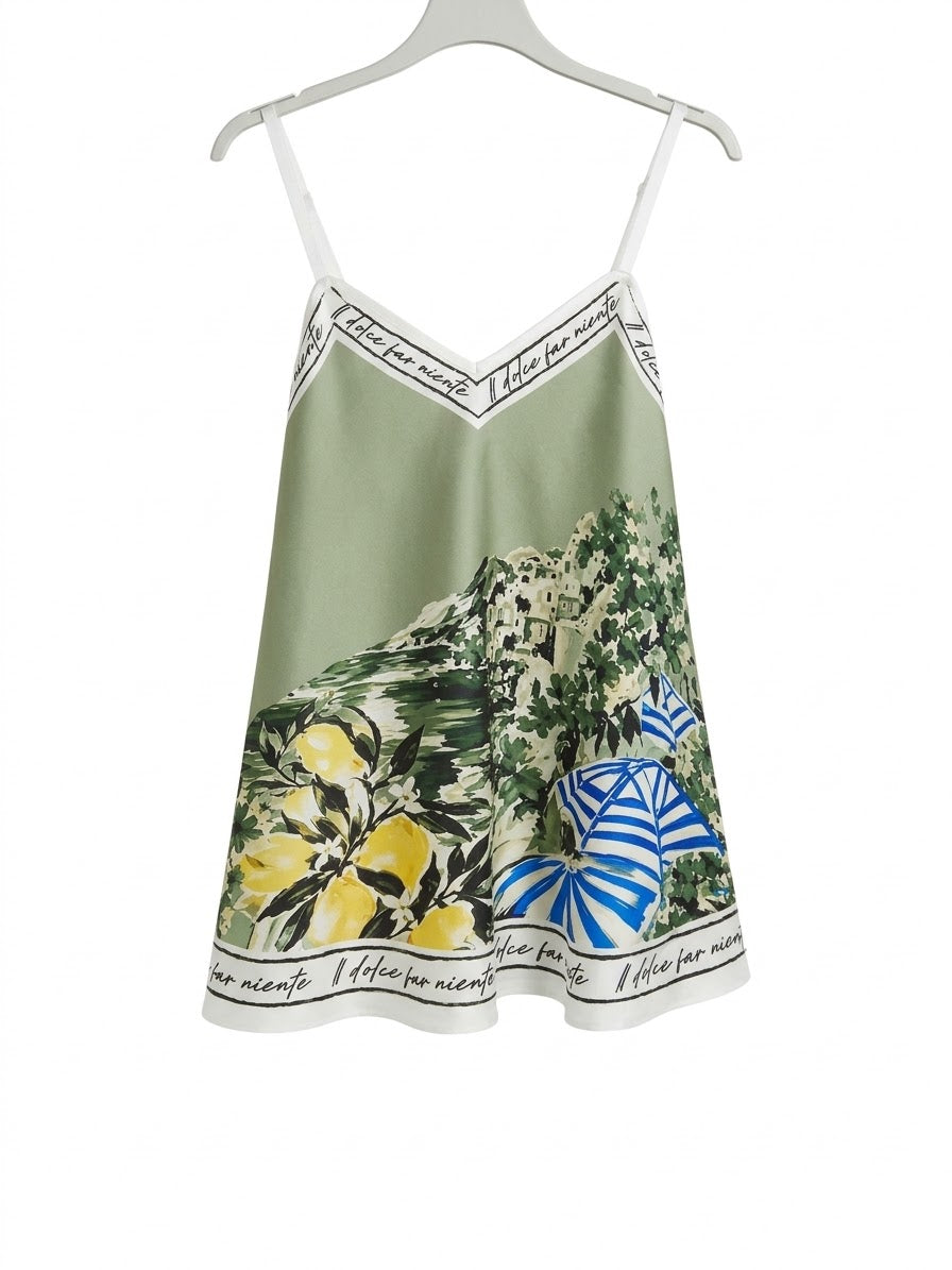 Positano Bloom - Italian Silk Long Tank Top - OLIVE GREEN